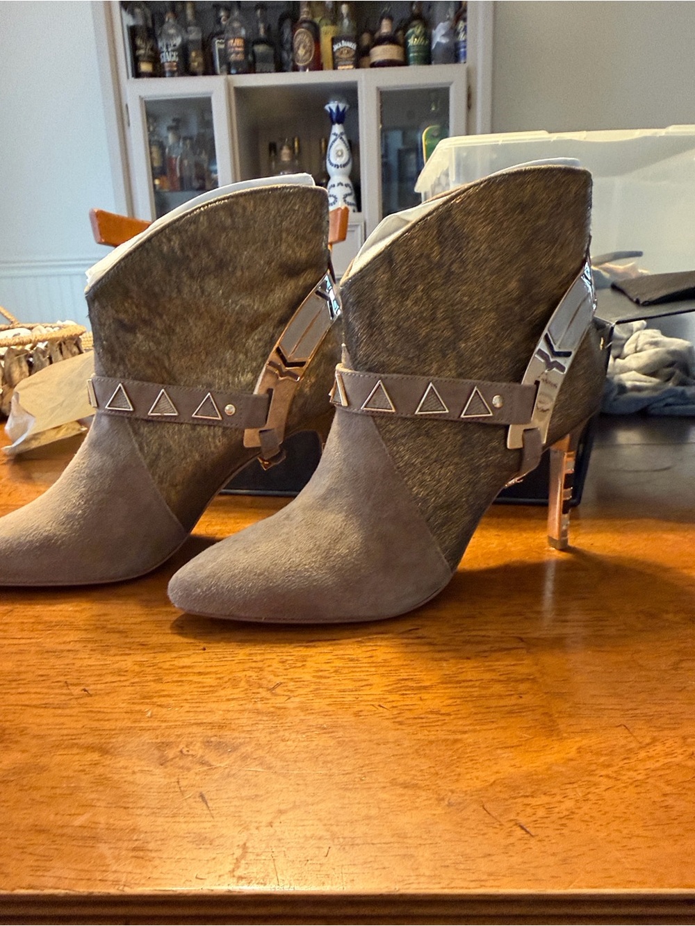 Ivy Kirzhner Taupe Suede & Haircalf Ankle Booties with Metallic Accents